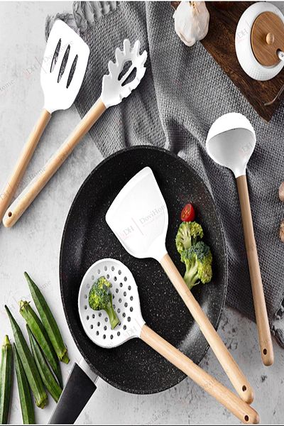Alacarte 6 Piece Silicone Cooking Set - Wooden Handle, Heat Resistant Organizer Box