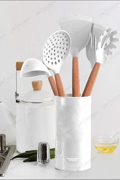 Alacarte 6 Piece Silicone Cooking Set - Wooden Handle, Heat Resistant Organizer Box