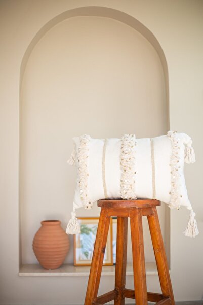 Bohemart وسادة رمي مغربية Kbksapk مصنوعة يدويًا من الكتان بتصميم مملوء