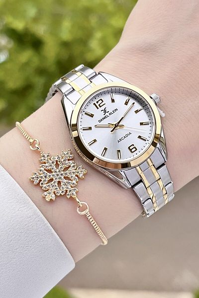 Daniel Klein Women's Wrist Watch and Bracelet with Yellow Gray Color Adjustable Band Dkgnct1152