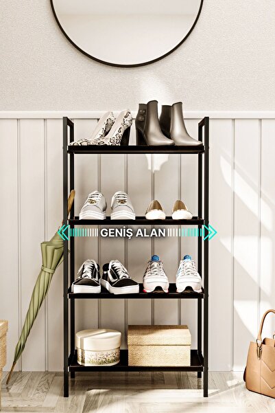Bino Ayakkabılık Metal Ayakkabılık Ahşap Ayakkabılık Dekoratif 4Katlı Kumaşlı Mobilya Çok Amaçlı Raf