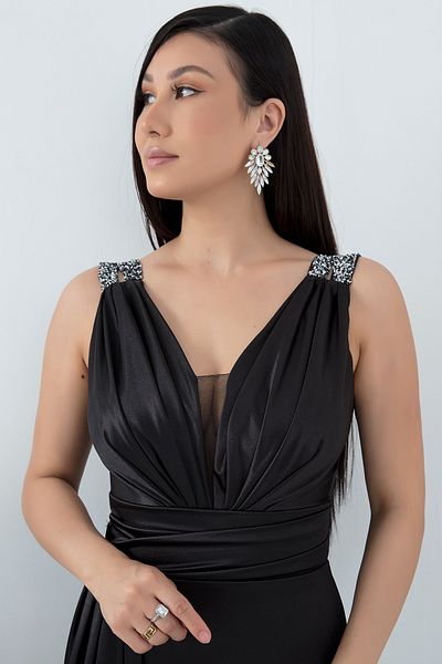 PULLIMM Satin Shoulder Dress with Stone Detail - 39743