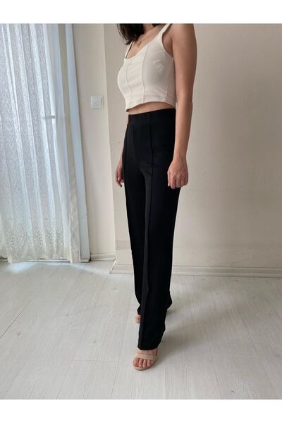 Fendimod Ženske crne Krep tkanine Sa likrom prednje pantalone sa travom