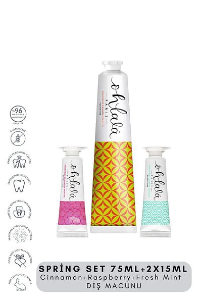OHLALA Cinnamon 75 ml + Fresh Mint 15 ml + Raspberry mint 15 ml Spring Set Toothpaste