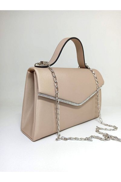 dizaynbag Γυναικεία βραδινή τσάντα από δέρμα σατέν ασημί πέτρα με αξεσουάρ