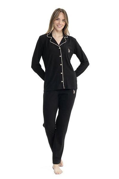 U.S. Polo Assn. Țesătură din bumbac și modal - Set de pijamale de sezon cu mânecă lungă pentru femei, cu guler cămașă, negru