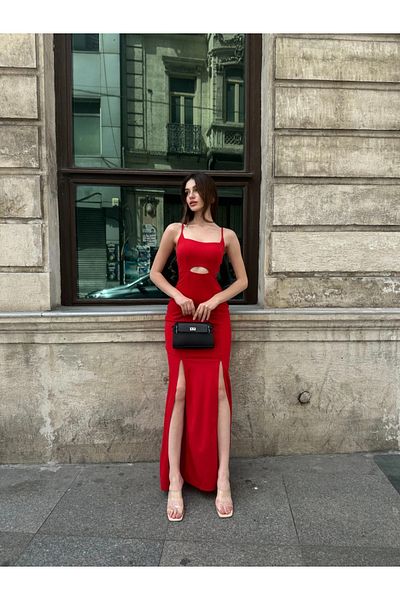 Fav Style Red Long Dress - Straps, Window Detail, Double Slits