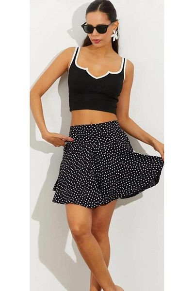 B.HE.Z Fusta mini cu buline negre - pantaloni scurți cu imprimeu metrat, talie elastică