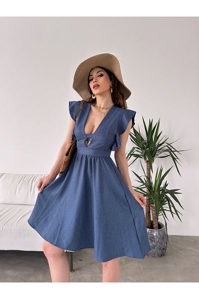 Fav Style Rochie scurtă pentru femei, albastru bleumarin, cu decolteu în V, cu mâneci cu volane