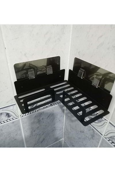 ardini Black Shampoo Holder Mat - Whether Screwed, Self-adhesive Bathroom Corner Shelf