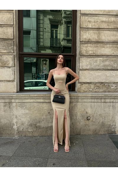 Fav Style Γυναικείο μακρύ φόρεμα σε μπεζ χρώμα - λουράκι, λεπτομέρεια παραθύρου και διπλή σχισμή