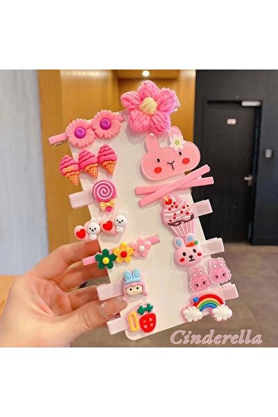 Cinderella 14'lü Pembe Tonlu Çocuk Pens Klipsli Çıtçıt Toka Seti Model-9 - Gö...