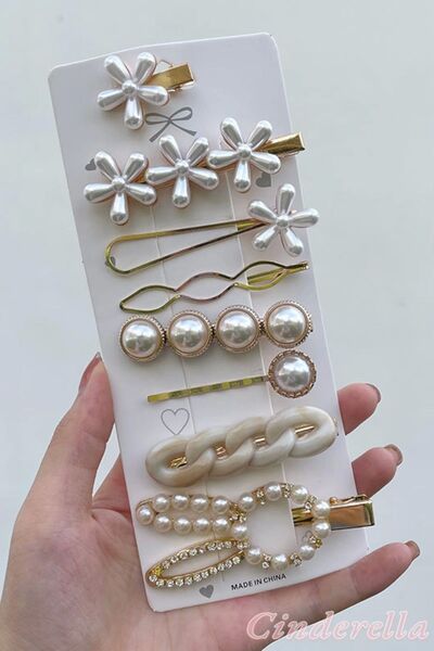 Cinderella 8li Özel İncili Taşlı Kurdele Tavşan Çiçek Detaylı Toka Seti - Yeni Trend Pens Çıtçıt Yan Saç Tokası