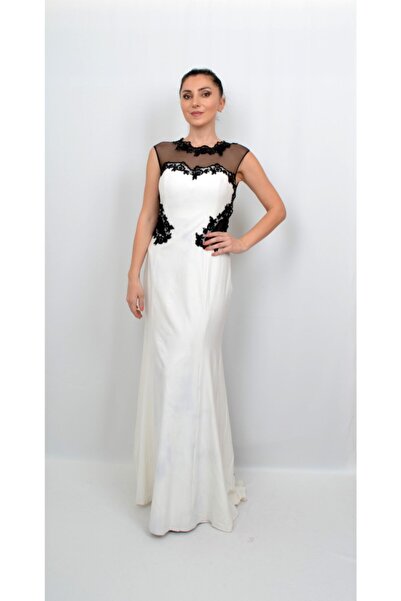 ALİS DRESS Siyah Dantel Tül Ve Kurdele Detaylı Kırık Beyaz Abiye