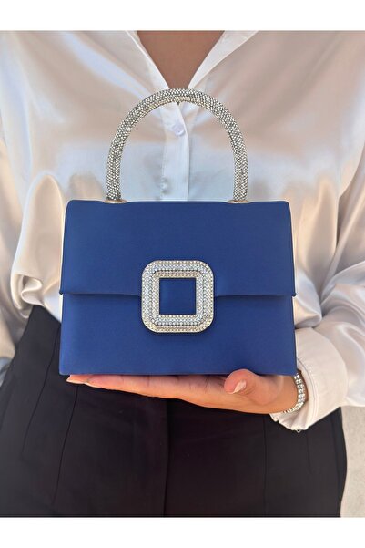 she poly Geantă de umăr elegantă din satin bleumarin cu lanț și detalii acces...