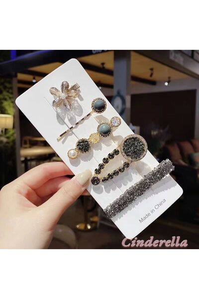 Cinderella 5'li Yeni Sezon Siyah Taşlı Büyük Klips Çıtçıt Pens Toka Seti - Lü...
