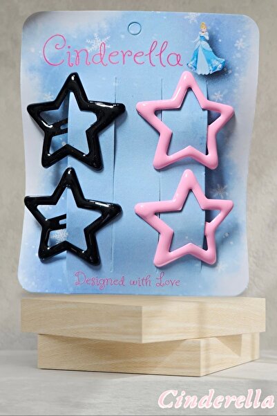 Cinderella Shiny Black and Pink Star Patterned Set of 4 Children's Hair Clips