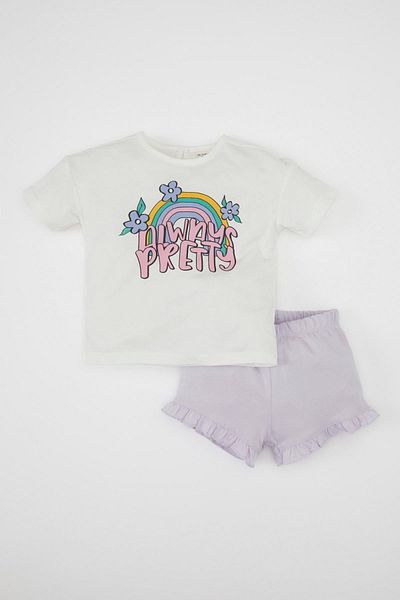 DeFacto Baby Girls 2-Piece Set Crew Neck Printed Short Sleeve T-Shirt Shorts C0036A524Sm