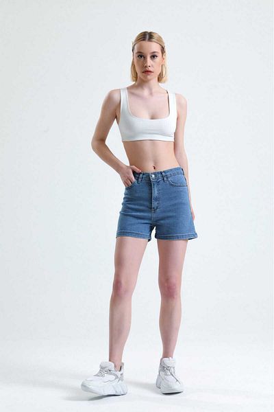 Vovikon Blugi de damă albastru denim cu talie înaltă