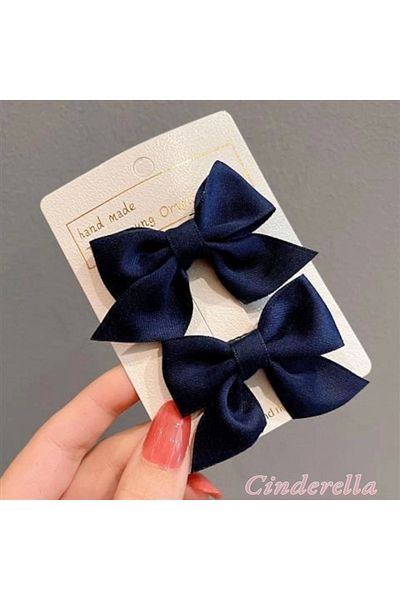 Cinderella Set de 2 catarame cu fundita din satin pentru copii albastru bleumarin - Colier cu clema cu fundita cu panglica