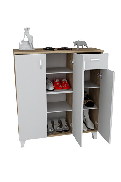 Evistro Ahşap Ayakkabılık 3 Kapaklı 1 Çekmeceli Beyaz-Atlantik Çam De-monte