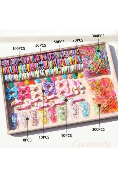 Cinderella Set de agrafe pentru copii cadou de 850 de piese - fundita elastica, curcubeu si unicorn