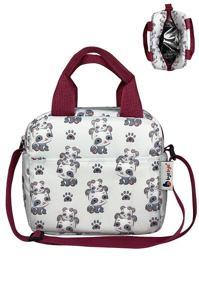Bye Bye Panda Patterned Claret Red Lunchbox with Shoulder Strap and Thermos Food Carrying Bag
