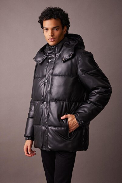 DeFacto Faux Leather Hooded Slim Fit Puffer Jacket - A3263ax23wn