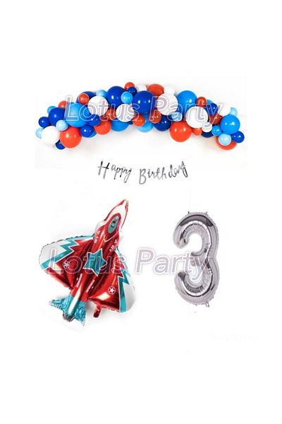 LOTUS PARTY 3 Years Jet Airplane - Pilot - F16 Themed Balloon Chain Party Set - ( Red White Navy Blue Balloon