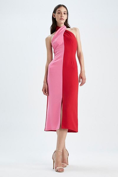 DeFacto Nihan Peker Design Cross Neck Crepe Midi Sleeveless Evening Dress