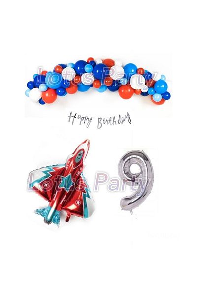 LOTUS PARTY 9 Years Jet Airplane - Pilot - F16 Themed Balloon Chain Party Set - ( Red White Navy Blue Balloon