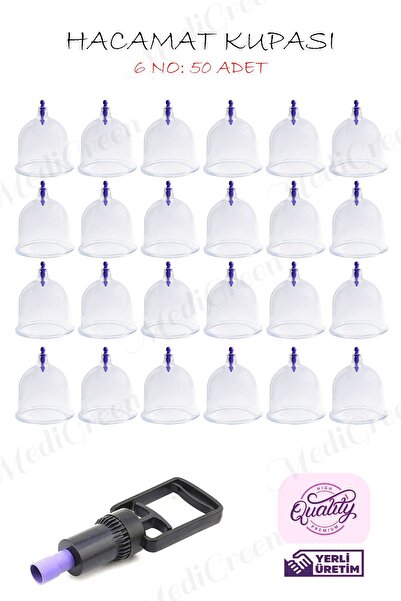 MediGreen 50 Adet 6 Numara HACAMAX PRO Hacamat & Masaj Kupası 1 Adet Pompa