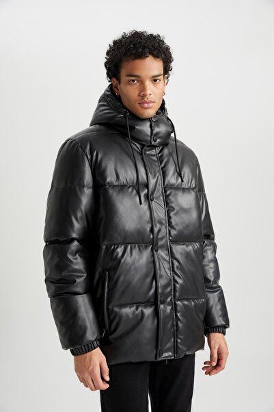 DeFacto Faux Leather Hooded Slim Fit Puffer Jacket - A3263ax23wn