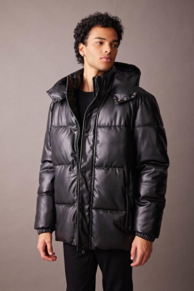 DeFacto Faux Leather Hooded Slim Fit Puffer Jacket - A3263ax23wn