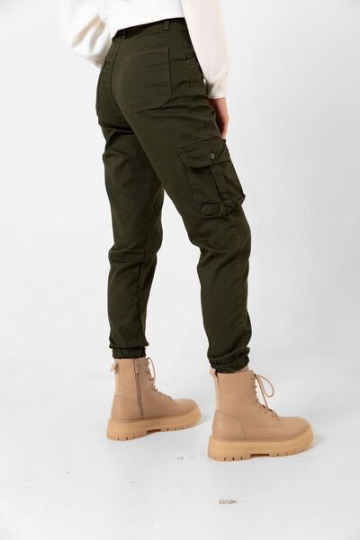 Domoda Dark Khaki Jogger Comfortable Fit Elastic Leg Cargo Pocket Gabardine Women's Trousers
