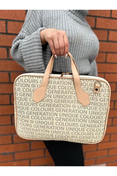 Rosmod Servietă pentru laptop de 14 inchi, unisex, bej, cu curea cu model text
