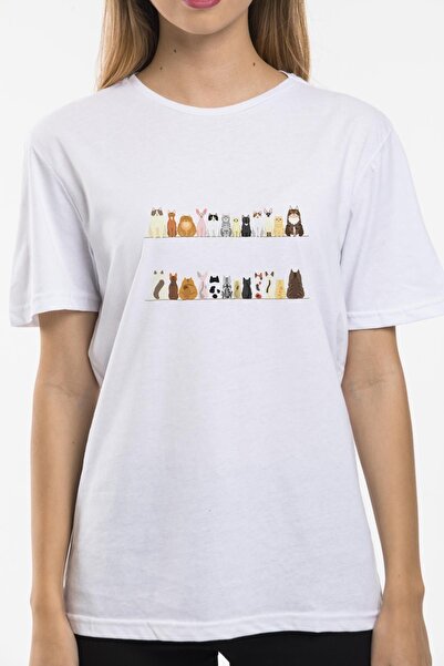 Blah تي شيرت نسائي برقبة دائرية كبيرة الحجم مطبوع عليه قطة باللون الأبيض