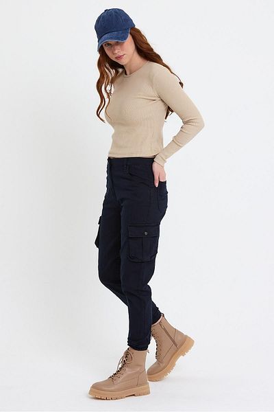 Domoda Navy Blue Jogger Comfortable Fit Elastic Legs Cargo Pocket Gabardine Women's Trousers