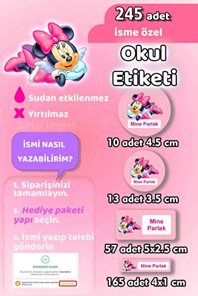 Sticker Ekspres Okul Etiketi Minnie Kalem Defter Etiketi Özel İsim Yazılabile...