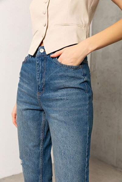 Maule Modré džínové dámské džíny s vysokým pasem na zip - Hamburg