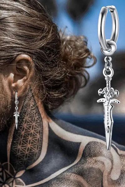 Jaida Moda Unisex Silver Sword Figure Dangle Steel Hoop Earrings