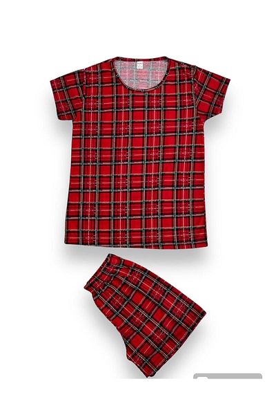 Burki Women's Short Sleeve Red Plaid Shorts Set
