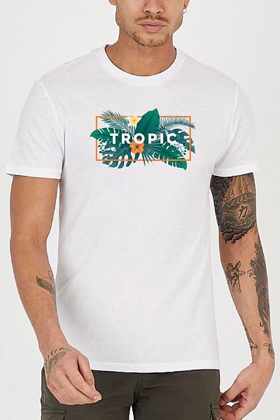 Blah Tricou pentru bărbați, alb, cu imprimeu cu palmieri tropicali, cu gât crew