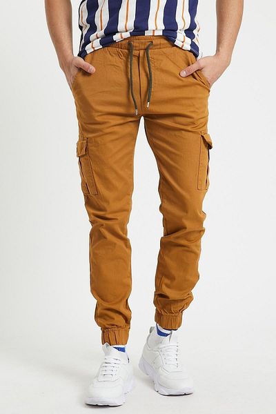 Serseri Mustard, Slim Fit None Denim Side Pockets Waist Laced, Elasticized Legs Stretch Fabric Cargo Pants