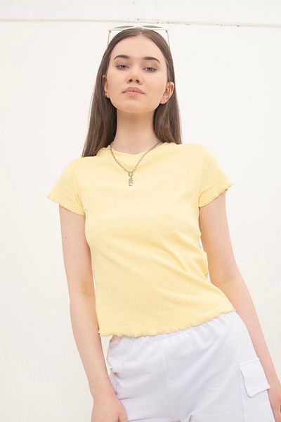 Domoda Light Yellow Baby Overlock Short Sleeve Blouse Camisole Ribbed Women's Blouse.