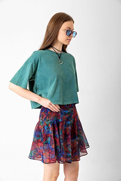 Domoda Red Patterned Women's Chiffon Mini Skirt with Shorts Inside and Elastic Waist