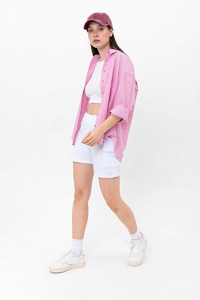 Domoda Weiße Damen-Shorts aus 100 % Baumwolle mit elastischem Bund, 2-fädig gestrickt, mit Cargotasche