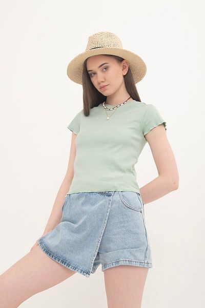 Domoda Μέντα Bebe Overlock Μπλούζα με κοντό μανίκι Καμισόλα Κοτλέ γυναικεία μπλούζα.