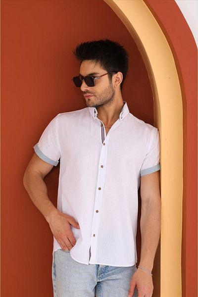 Catto Peak Men's Regular Shirt - White, Short Sleeve and Stripe Detail