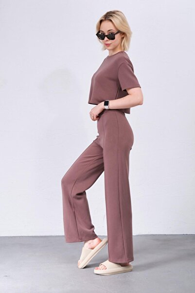 Domoda Flexible Wide Leg Brown Modal Knitted Trousers - Iron and Trace Stitching @latina